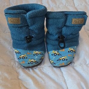 Blue Baby Booties with Construction Print